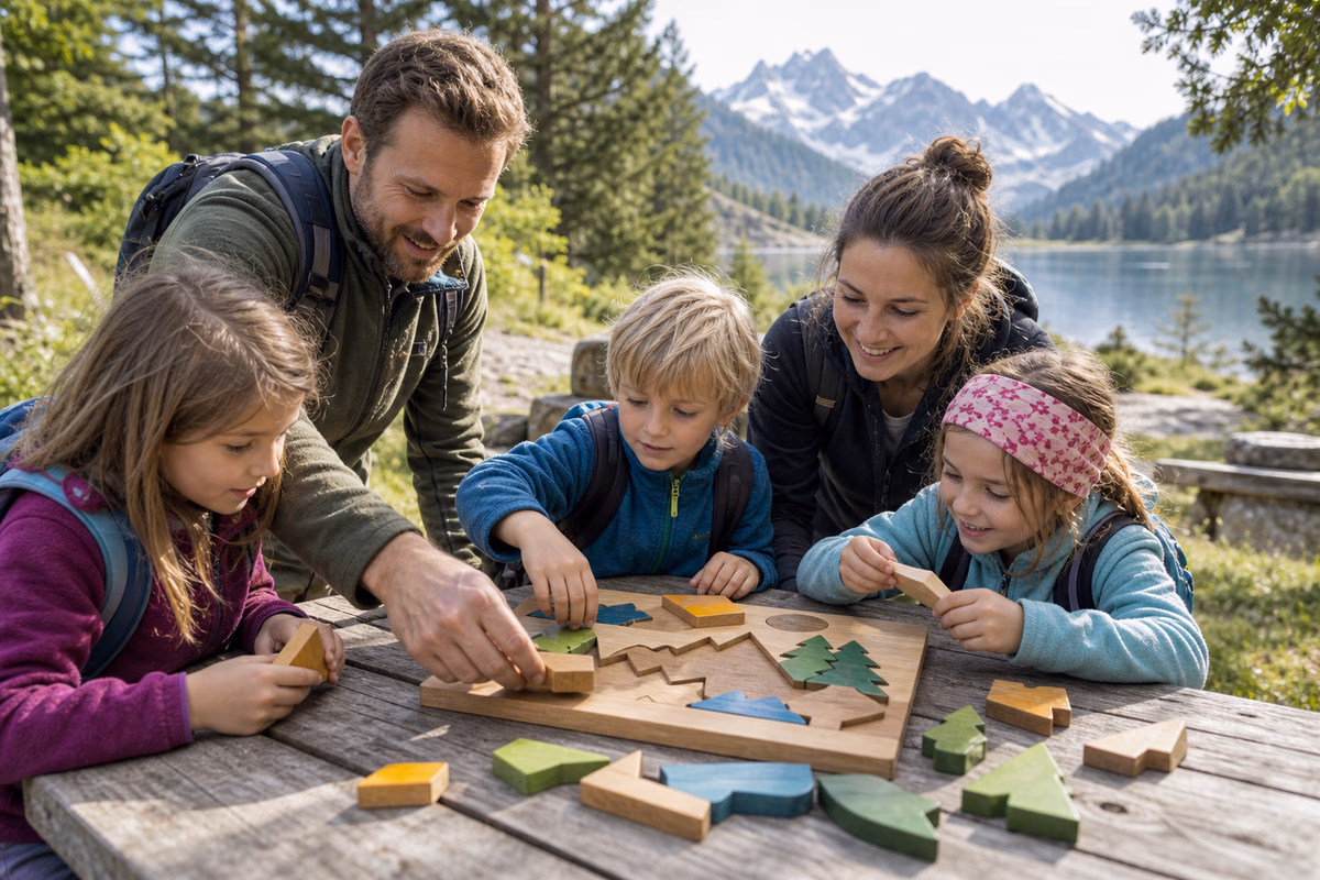 Teamevents – Erwachsene und Kinder lösen gemeinsam ein Holzspiel im Freien