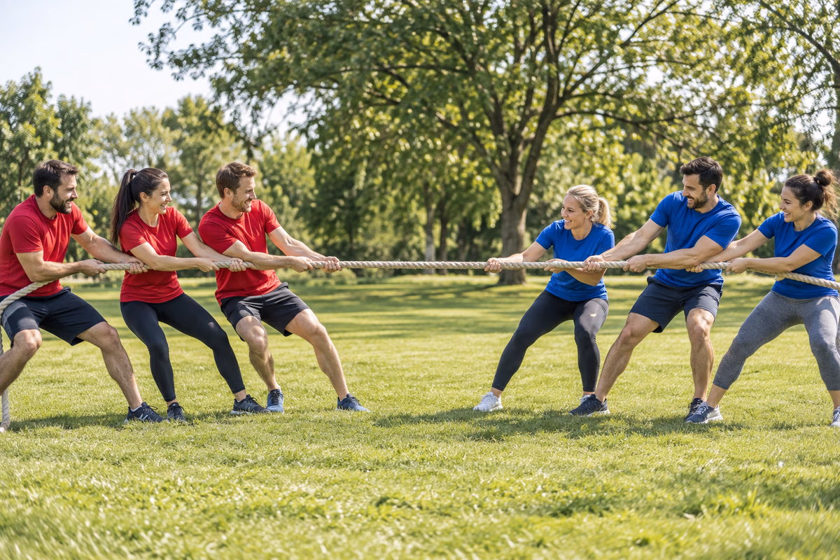 Teamevents – Zwei Teams bei einem freundschaftlichen Tauziehwettkampf