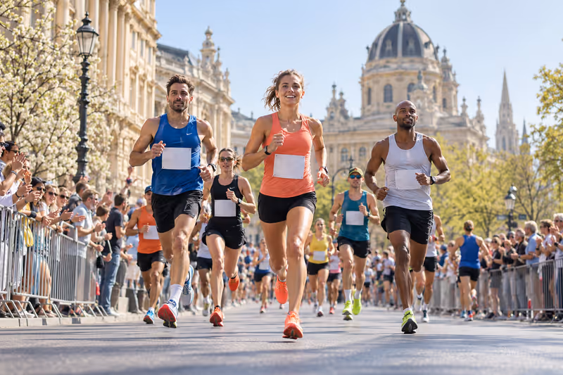 Läuferinnen und Läufer bei einem stimmungsvollen Stadtmarathon auf einer Wiener Prachtstraße.