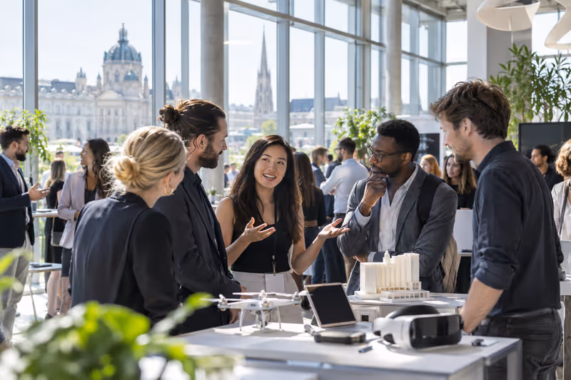 Internationale Gründerinnen und Gründer beim inspirierenden Networking in einem modernen Wiener Veranstaltungsraum.