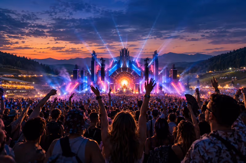 Farbenfrohe elektronische Festivalshow mit jubelndem Publikum vor einer alpinen Kulisse im Salzburger Land.