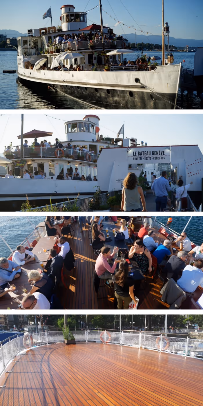 Bateau Genève mit Terrassen und Blick auf das Schiff