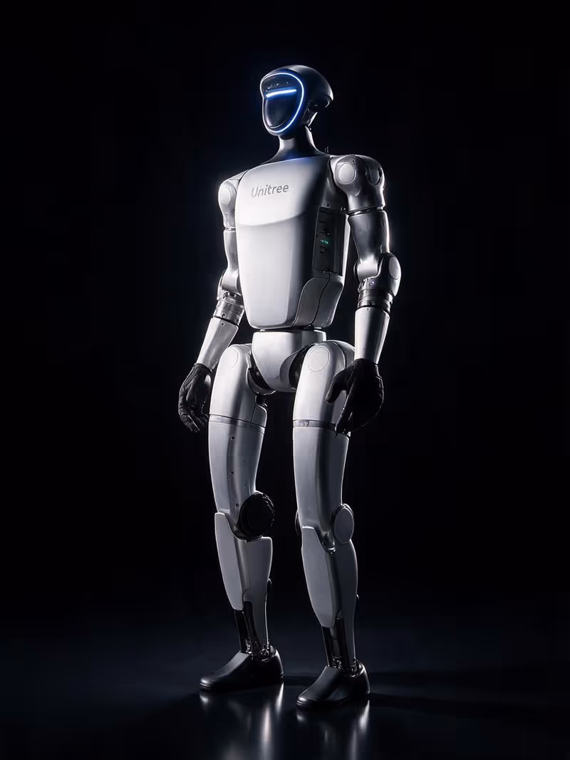 KI-generierte Illustration: humanoider Roboter Unitree G1 vor schwarzem Hintergrund