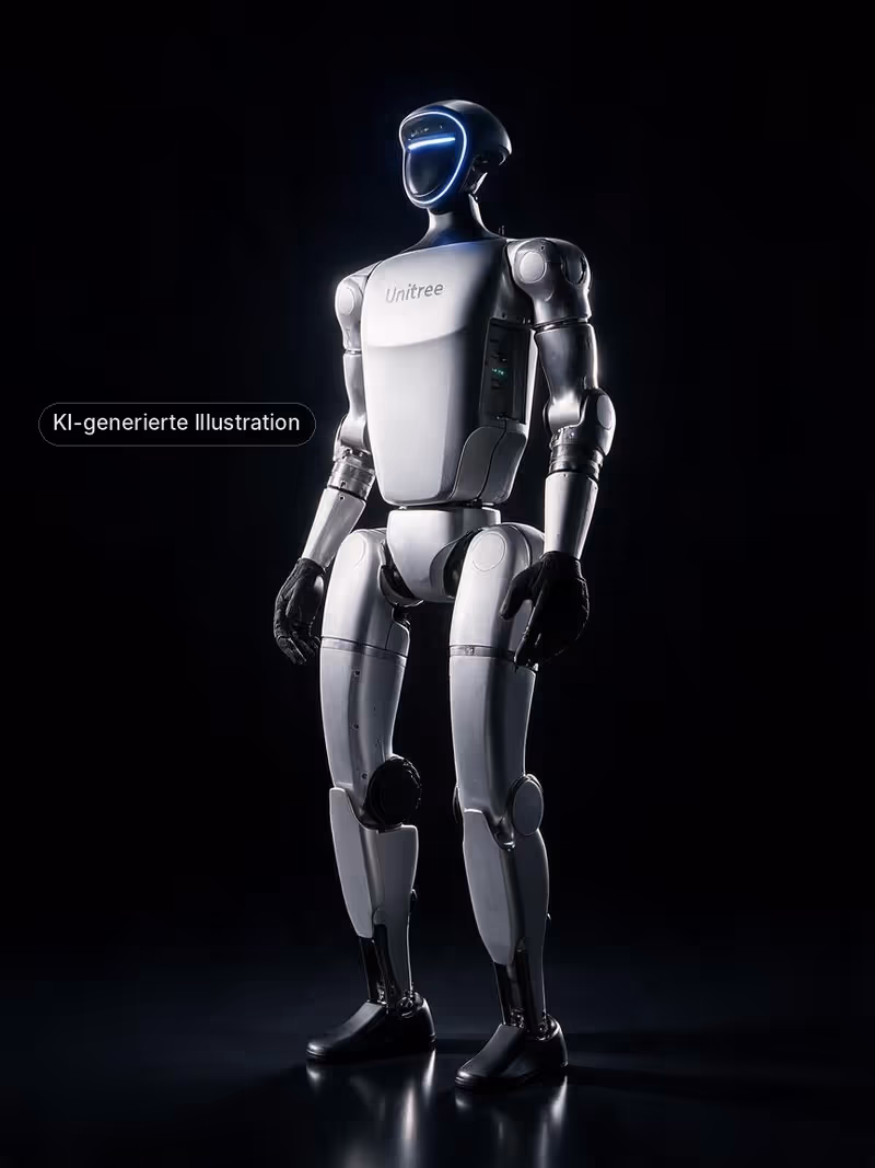 KI-generierte Illustration: humanoider Roboter Unitree G1 vor schwarzem Hintergrund