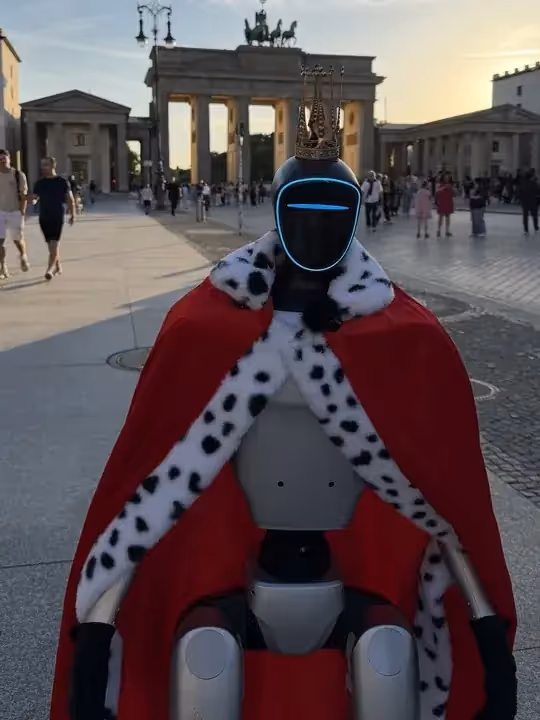 Humanoider Roboter Unitree G1 im Königskostüm mit Krone und Hermelinumhang vor dem Brandenburger Tor in Berlin