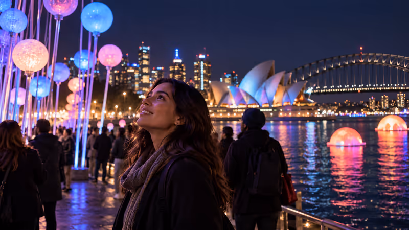 Vivid Sydney 2027 – illustrative event scene. AI-generated image.