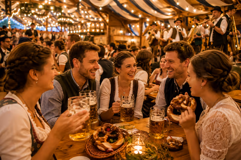 KI-generierte atmosphärische Szene eines bayerischen Volksfests in einem festlich beleuchteten Zelt