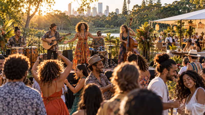 Global music and arts festival audience beneath trees in Adelaide Botanic Park. AI-generated image.