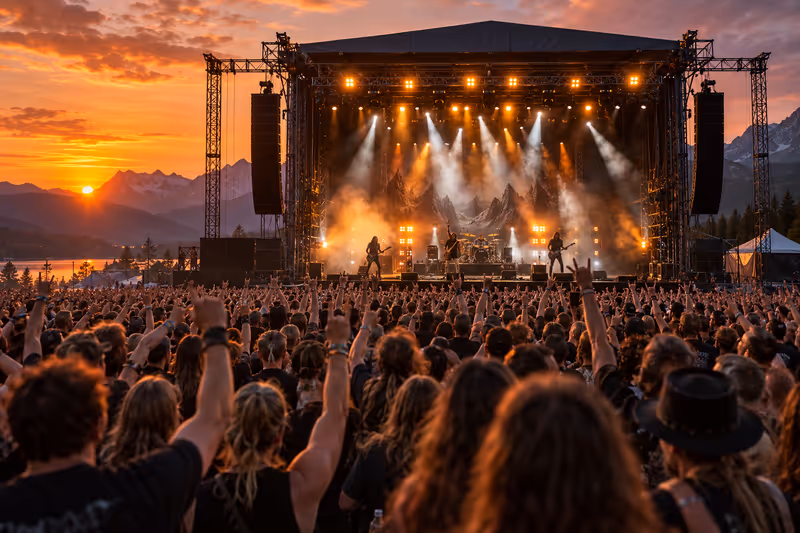 Begeistertes Publikum vor einer großen Rockbühne bei Sonnenuntergang auf einem österreichischen Festivalgelände.