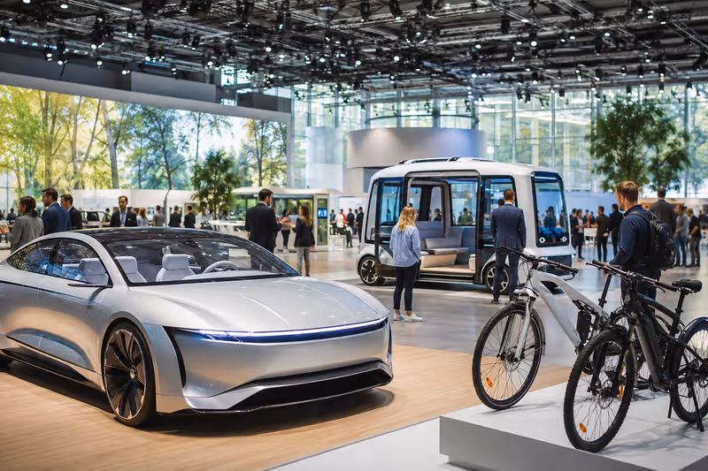 KI-generierte atmosphärische Szene einer Mobilitätsmesse mit Elektroauto, Fahrrädern und Shuttle