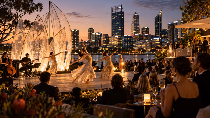Illuminated outdoor performance in Perth with a large arts festival audience. AI-generated image.