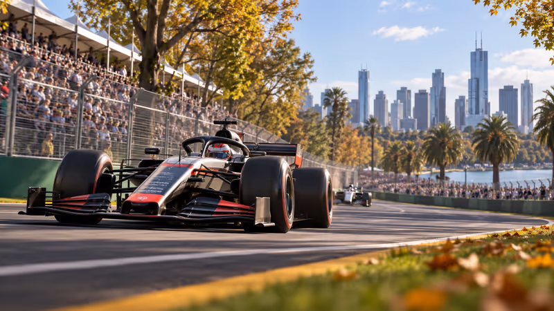 Open-wheel racing car on a park circuit in Melbourne with grandstands and city skyline. AI-generated image.